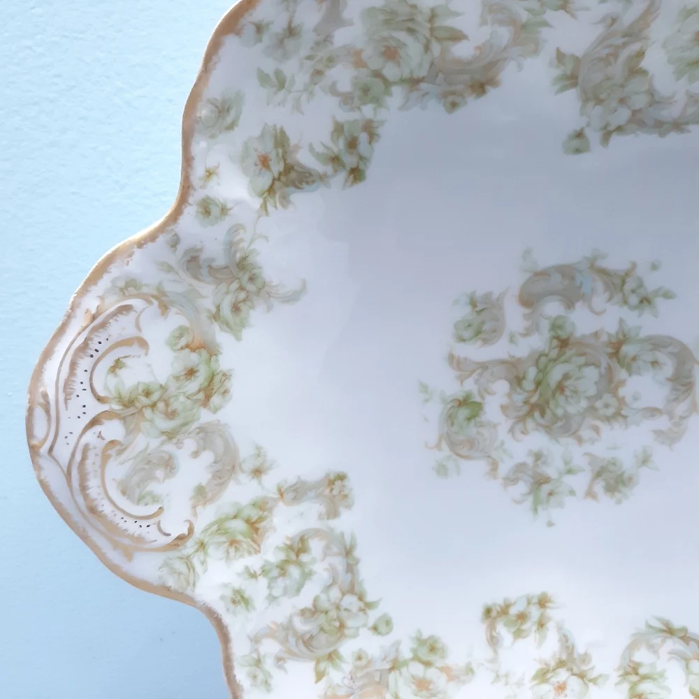 Haviland Limoges Porcelain Bon Bon Dish With Green Floral and Gold Gilding